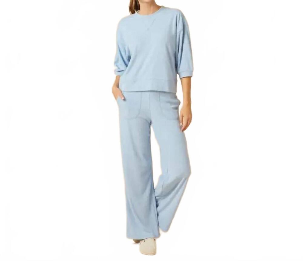 NEW SOFTIES terry cropped sleeve crew neck with wide leg pant set in heather sky